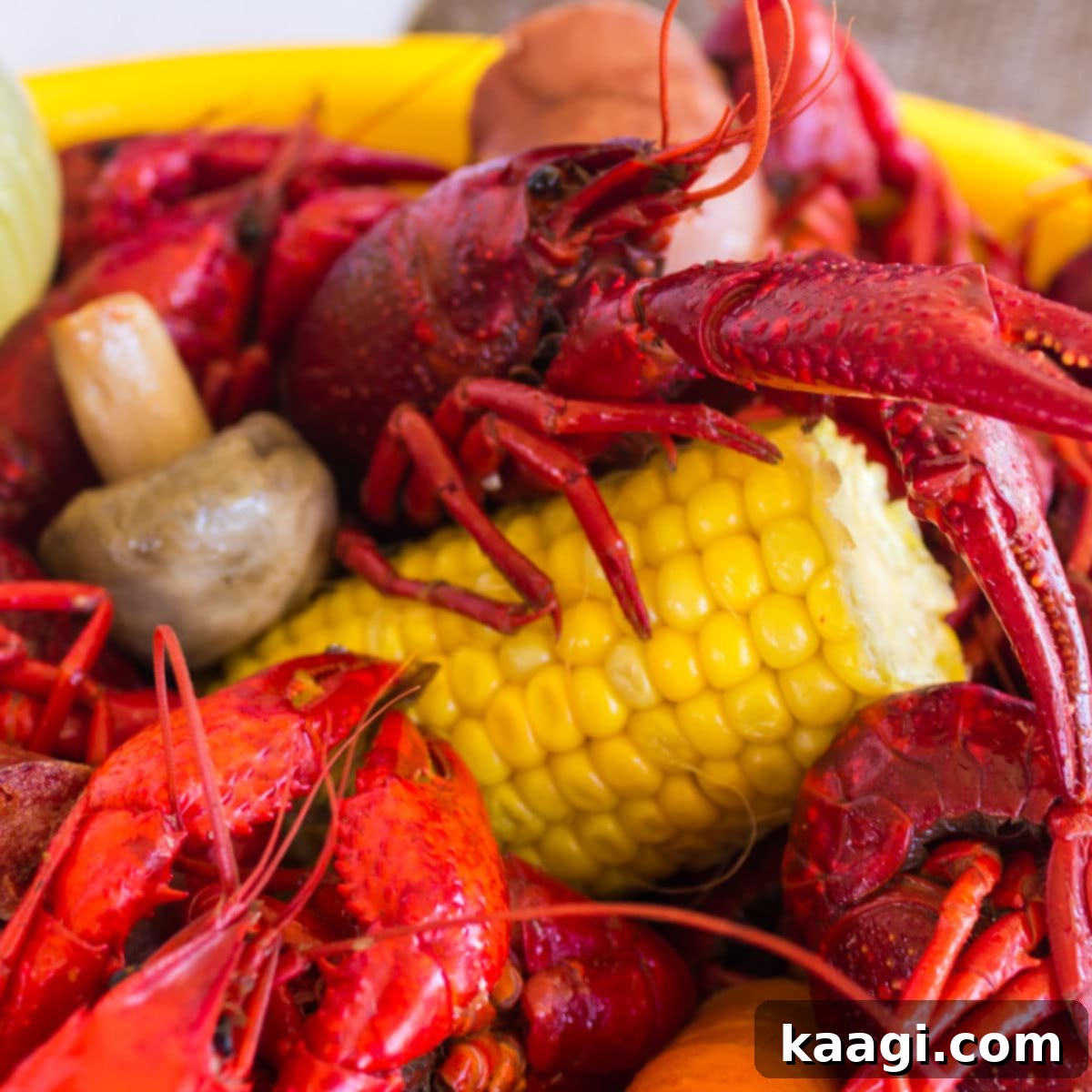 A close-up of a vibrant Crawfish Boil, featuring seasoned crawfish, corn, mushrooms, and carrots.