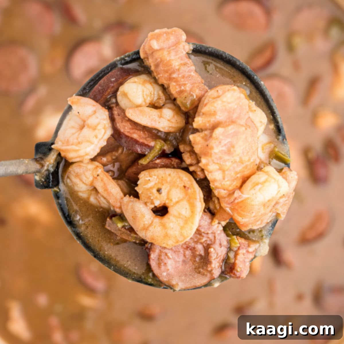 A ladle filled with rich Alligator Gumbo, showcasing chunks of alligator meat, shrimp, and sausage.