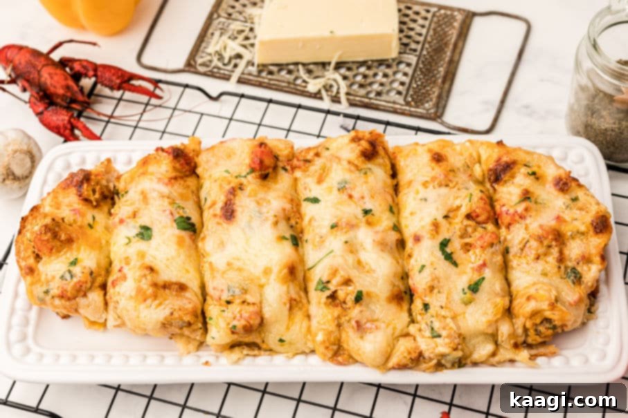 A loaf of cheesy Crawfish Bread, perfectly sliced and ready to serve.