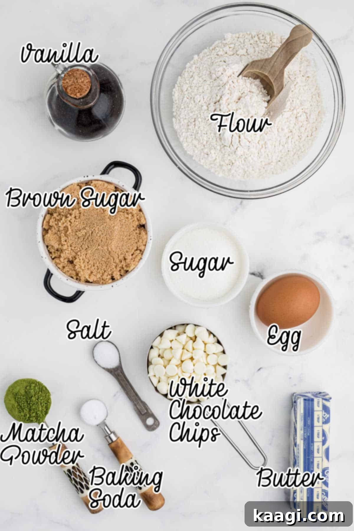 Emerald Matcha Delights 3 All the necessary ingredients for making matcha cookies laid out on a clean surface.