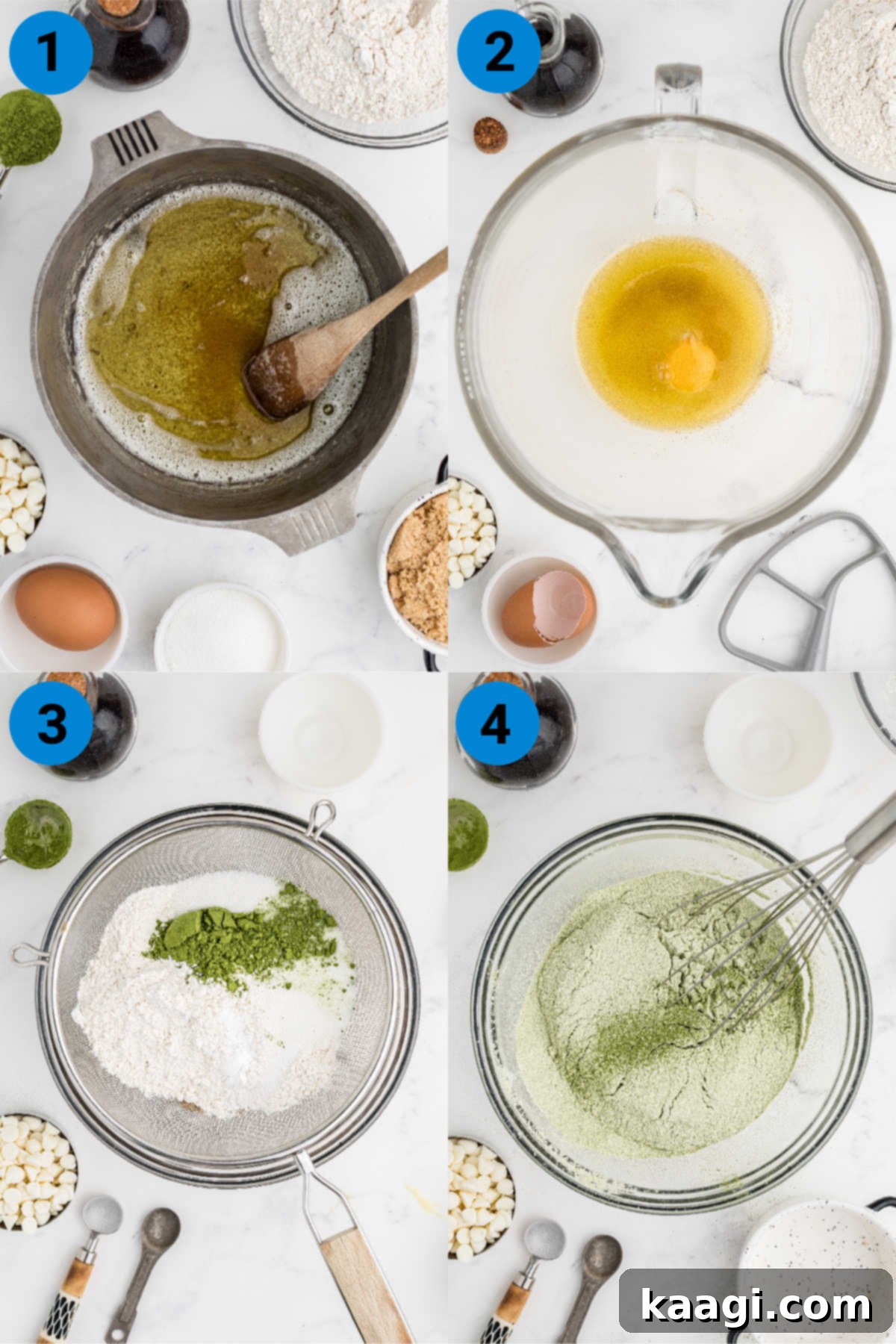 Emerald Matcha Delights 4 A collage of four images illustrating the initial stages of making matcha cookies: browning butter, mixing wet ingredients, sifting dry ingredients, and whisking them together.