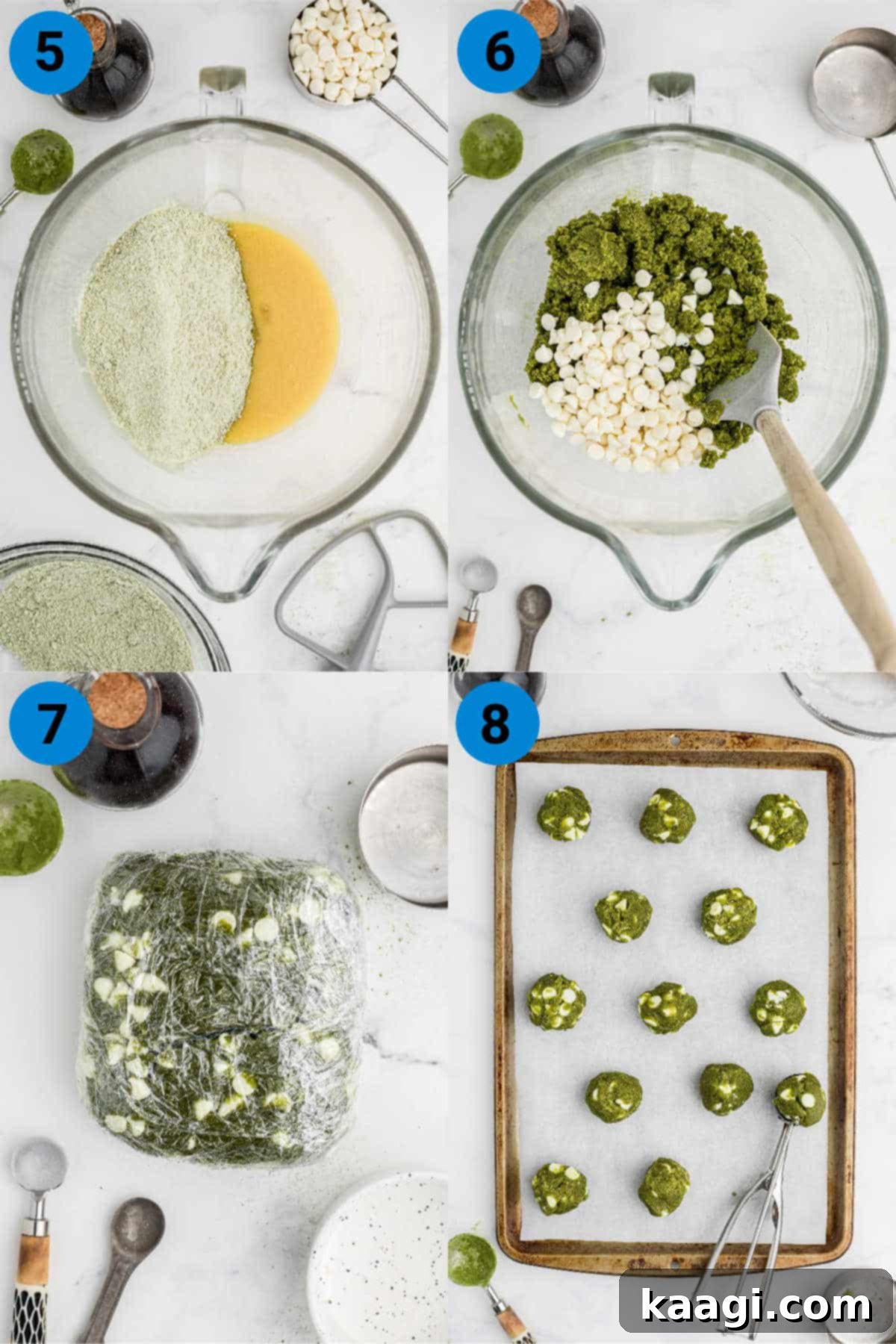 Emerald Matcha Delights 5 A collage of four images demonstrating the later steps of matcha cookie preparation: combining wet and dry ingredients, folding in white chocolate chips, chilling the dough, and scooping onto a baking sheet.