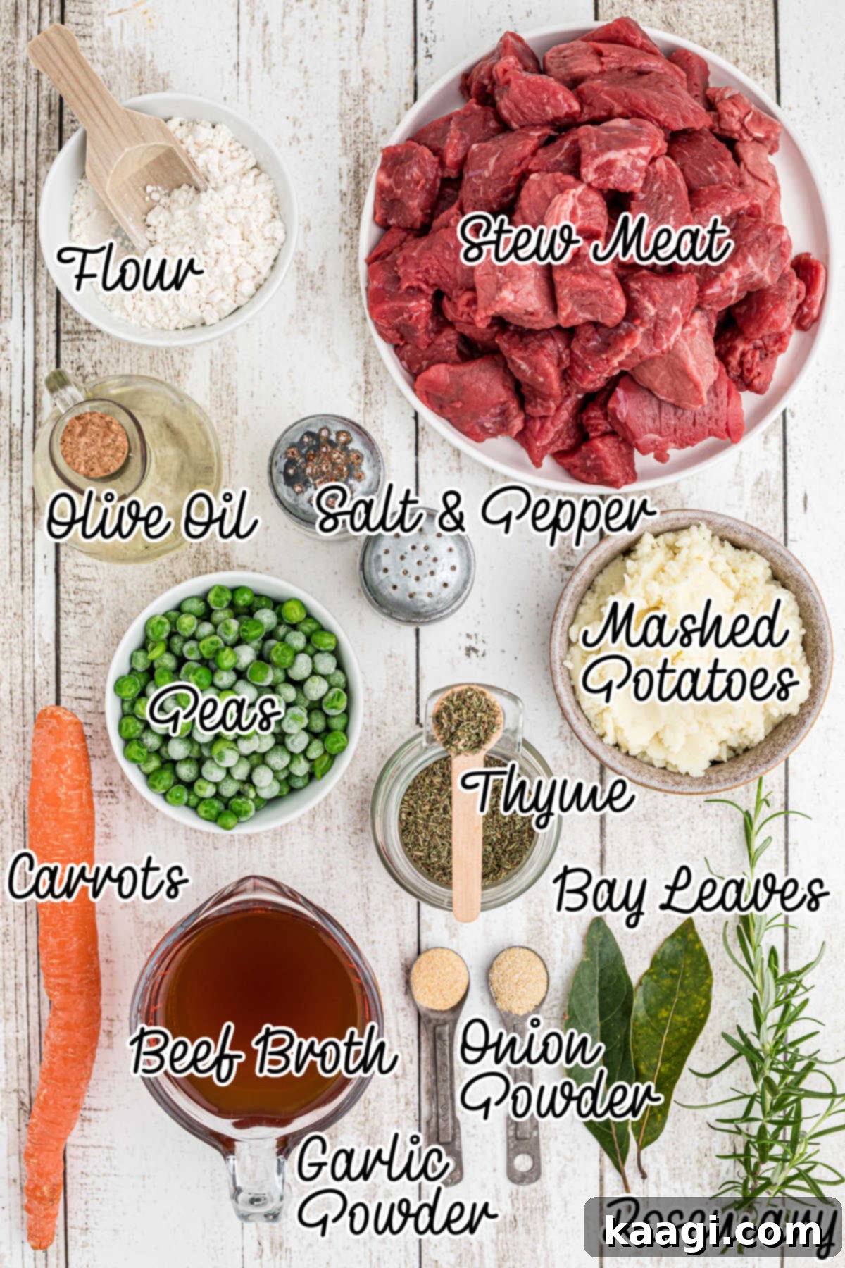 Overhead shot of all the ingredients needed to make Irish Stew with Mashed Potatoes.